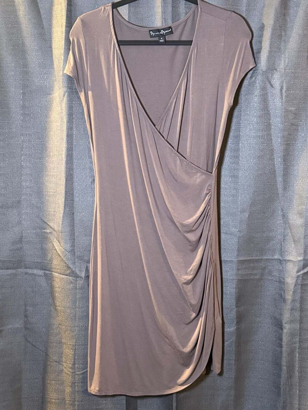 Taupe Brown Faux Wrap V-Neck Side Ruched Cap Sleeve Dress